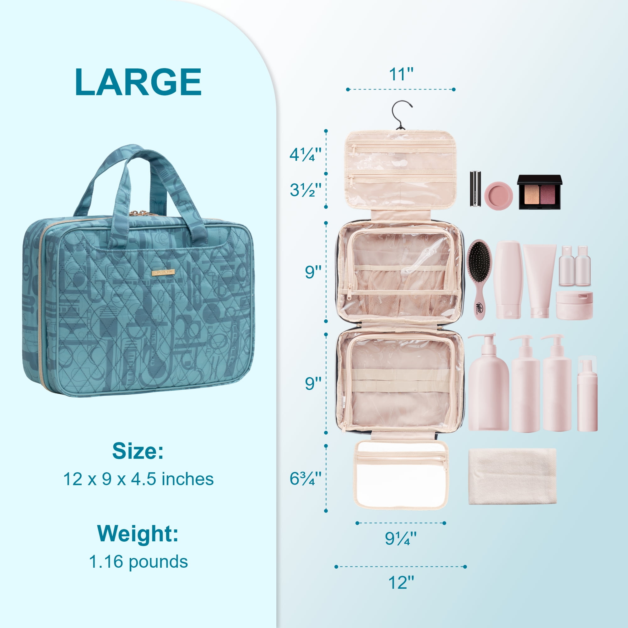EVERFUN Large Toiletry Bag, Travel Makeup Bag for Women Hanging Cosmetic Full Sized Organizer for Essentials Accessories Kit