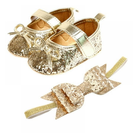 

Brand Clearence！Velocity 0-18M Baby Girl Princess Shoes Soft Soled Non-slip Footwear Butterfly-knot Shiny PU Crib Shoes Headband Two-piece Set (Gold)