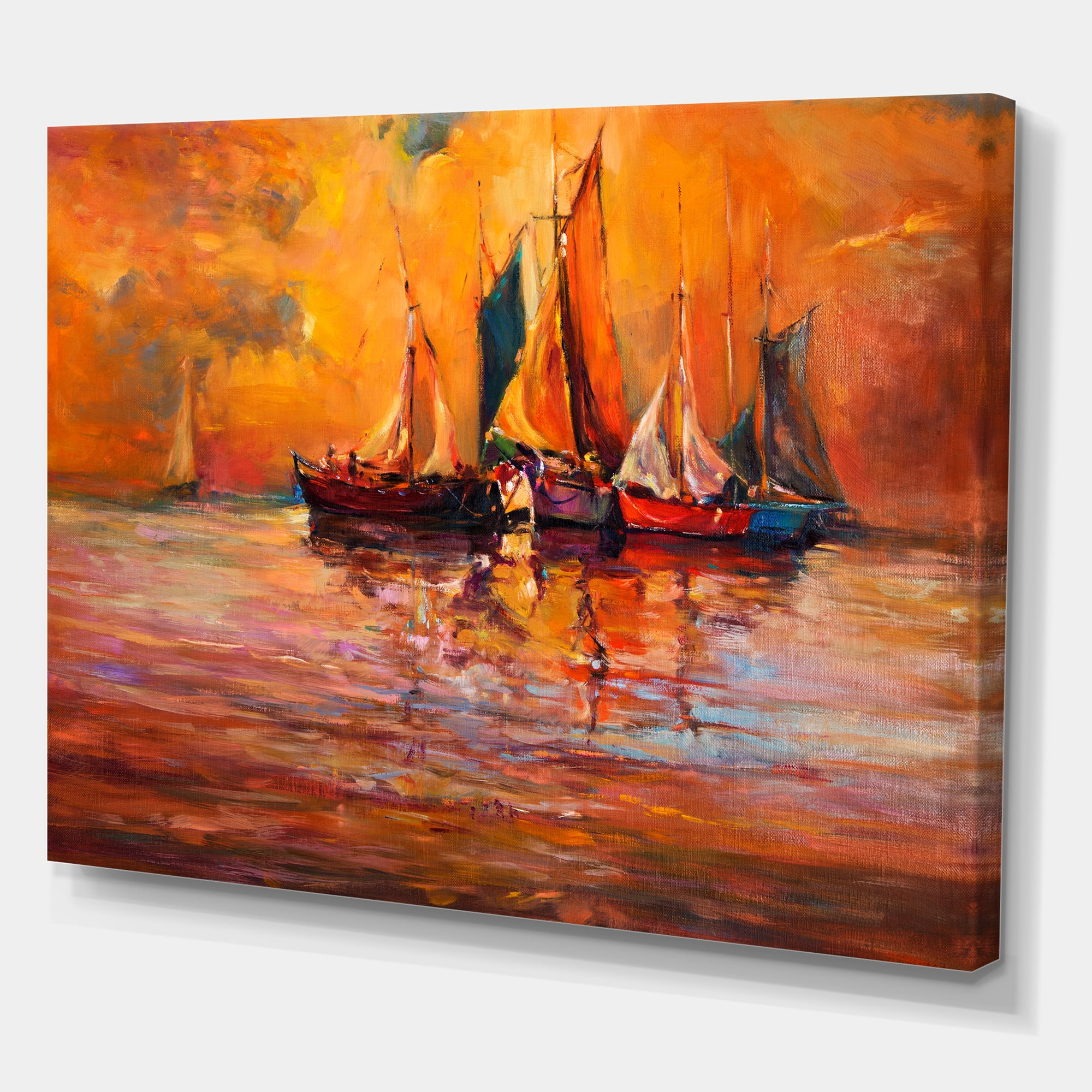 Designart ' Boats During Evening Sunset In The Ocean I ' Nautical & Coastal Canvas Wall Art Print