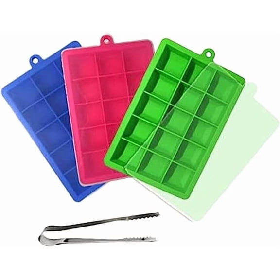 3 Pack Silicone Ice Cube Tray With Covers - Large Mold for Freezer, Cocktails - Stackable, BPA & Odor Free - Square Tray with Covers and Stainless Steel Tongs