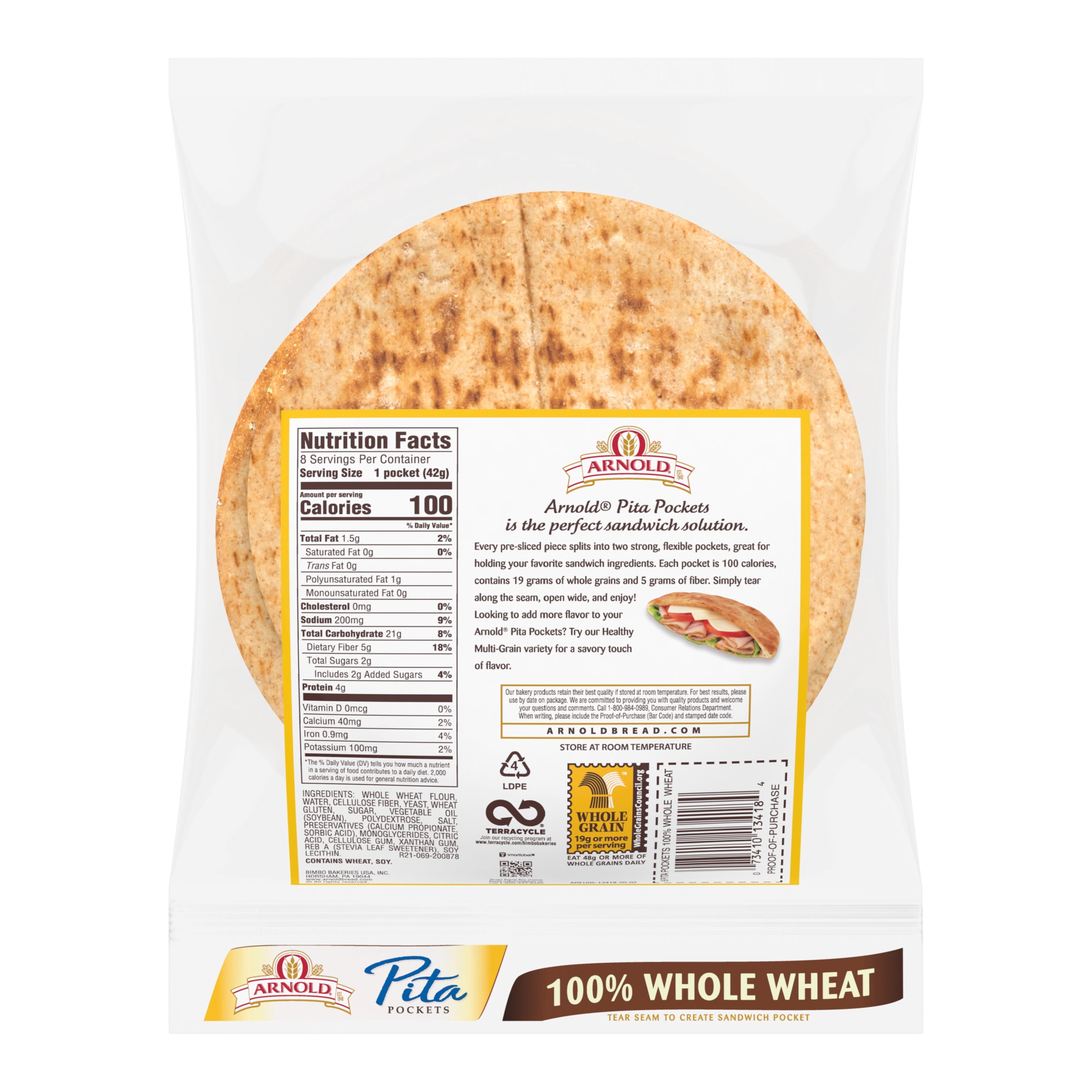 Arnold 100% Whole Wheat Pita Pocket Thins, 8 count, 11.75 oz