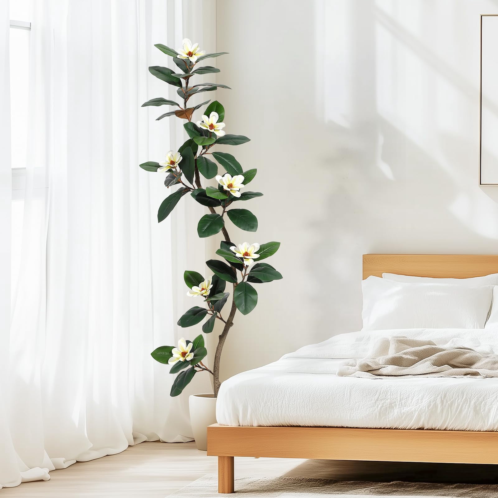 6FT Rubber Tree Artificial Tree, Fake Floor Plant with 7 Pcs Magnolia Flowers in White Planter Bonsai Planter, Indoor Tall Faux Plants for Living Room Home Decor, Gifts for Women