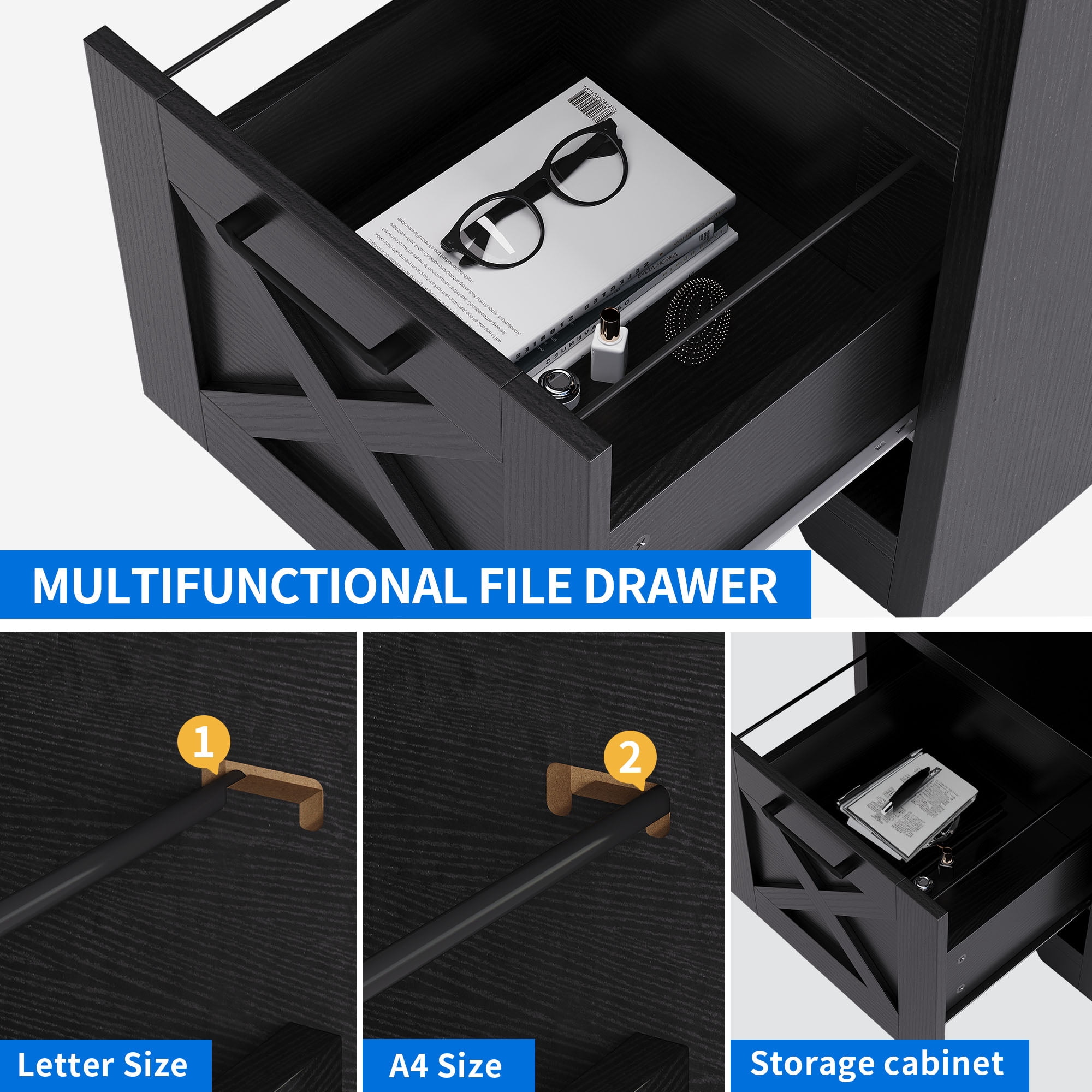 Dextrus 59 inch L-Shaped Desk with Power Outlet & USB Ports, Office Desk with File Cabinets, Large Computer Desk with Drawers, 2 Person Corner Desk Writing Desk with Storage Shelves, Black