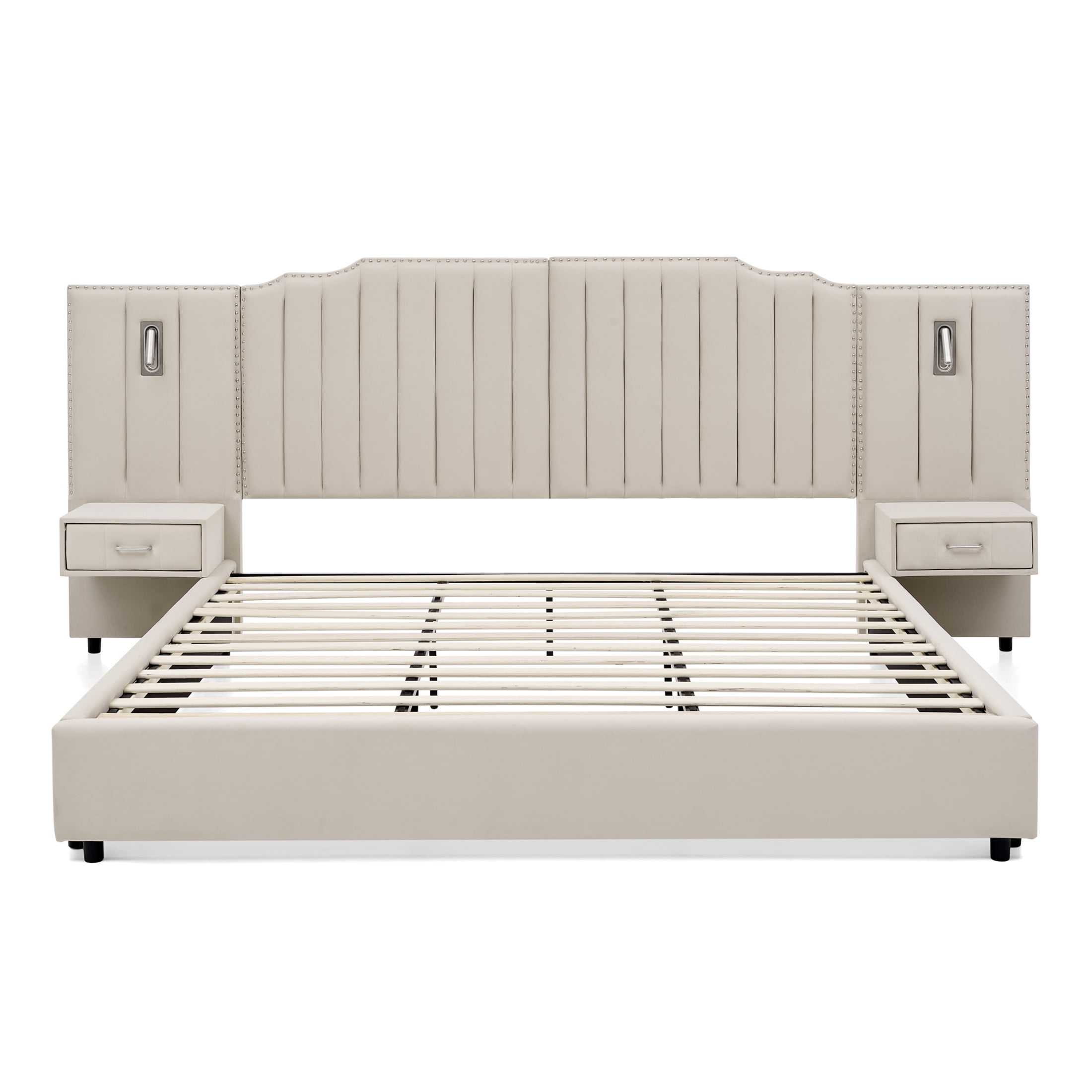 Noble House Neville 118" King Size Upholstered Bed Frame, Velvet Vertical Stripe Platform Bed with Lights, Beige
