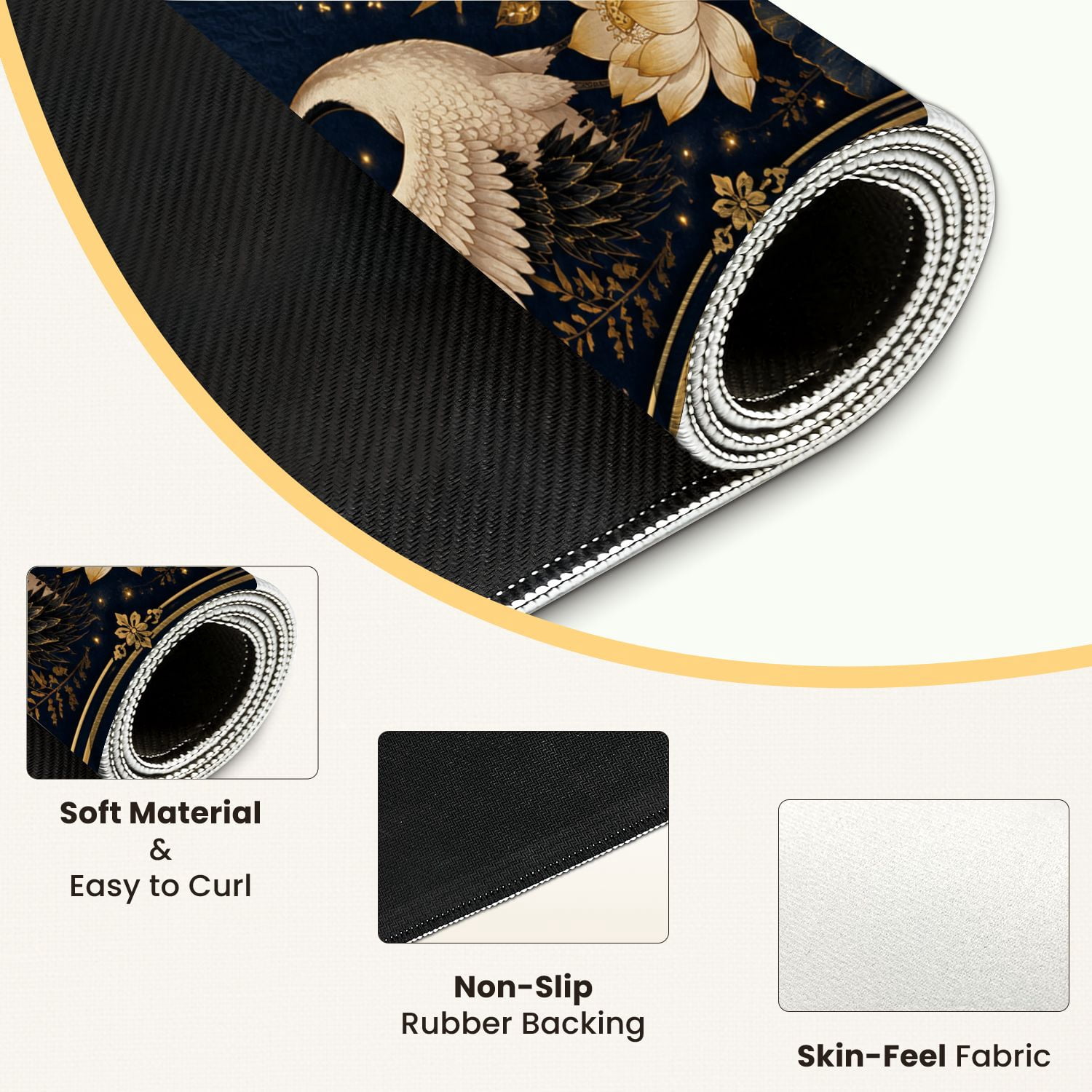 Mahjong Mat 31.5" x 31.5" Elegant White Cranes Golden Lotus Flowers Leaves Dark Blue Night Sky Non-Slip Noise Reduction Mahjong Tiles Table Cover for Dominoes Poker Card Board and Tile Games
