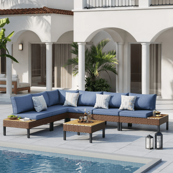 ELPOSUN Patio L Shaped Conversation Sectional Sofa Set with Coffee Table, 7 Pieces Patio Furniture Seating Group with Side Table for Backyard Garden, Navy