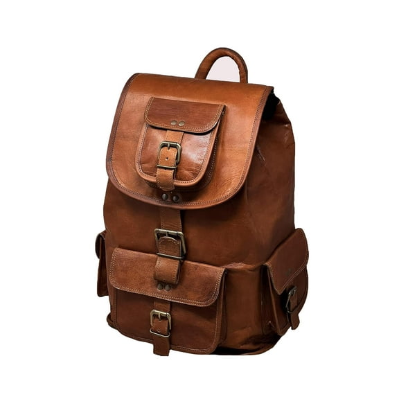 Jaald 18" Leather Backpack Rucksack Vintage Weekender Laptop Bag Travel Knapsack College Daypack BookBag Office Christmas Gift for Men Women