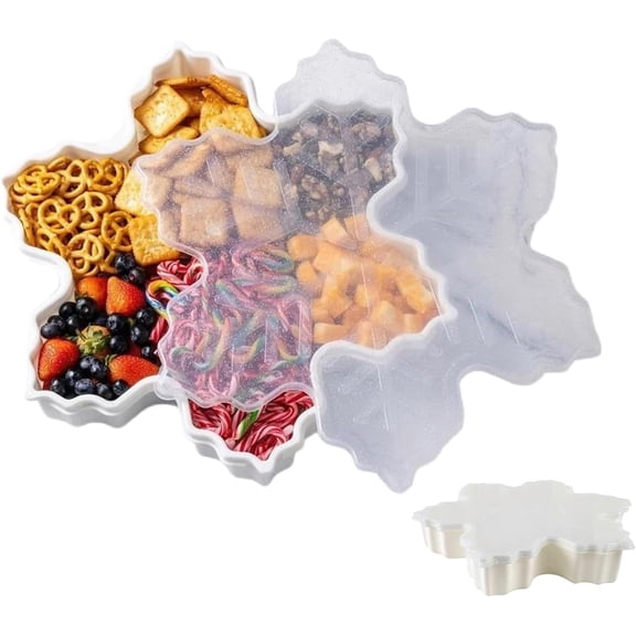 Snack Serving Tray, Snowflakes Container Platters with Lid, Snowflakes Snack Cookie Tray, Snack Storage Box, Cute Holiday Storage Container for Candy, Fruit, Cheese(White)