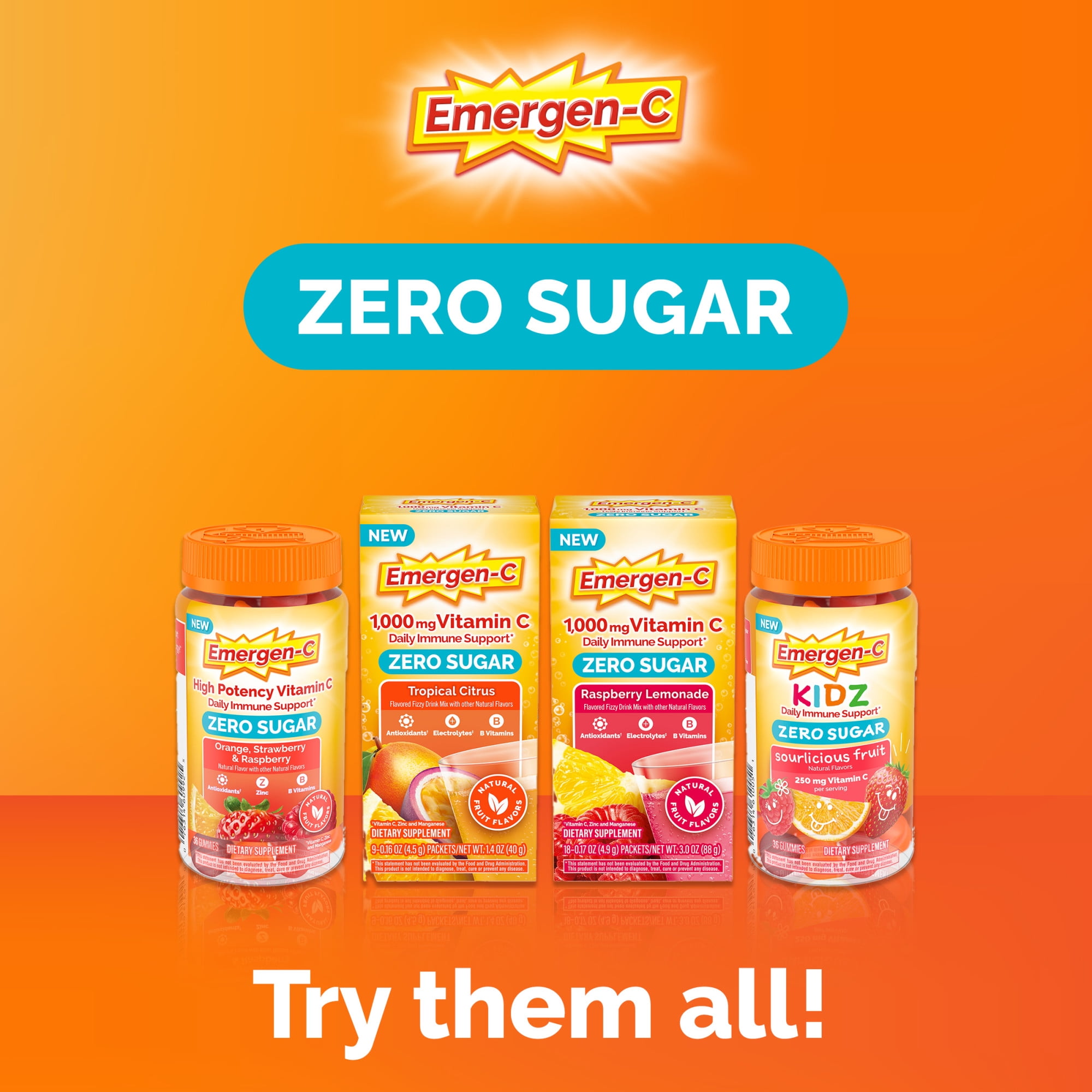 Emergen-C Zero Sugar 1000 mg Vitamin C Powder for Daily Immune Support, Tropical Citrus Flavor - 18 Count