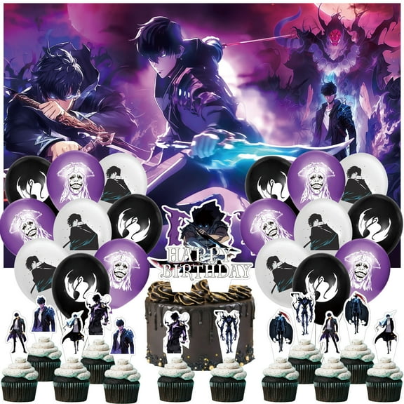 32 Pcs For Solo Leveling Theme Birthday Party Supplies Party Favor Set,With 13 Cupcake Toppers,5*3ft Birthday Backdrop Decorations,18 Balloons,All-in-One Party Supply Set