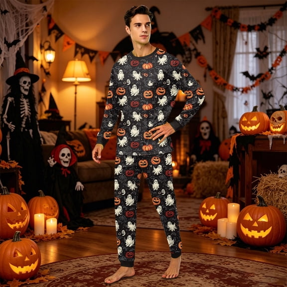 QLUEWX Halloween Family Matching Pajamas, Ghost Pumpkin Print Halloween Pjs for Men Women Kids Baby, Soft Long Sleeve Sleepwear Outfit, Perfect for Halloween Party Family Fun