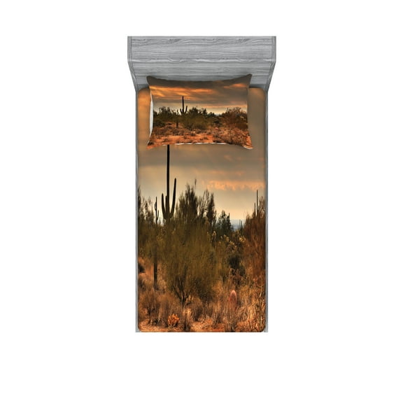 Ambesonne Landscape Fitted Sheet & Pillow Sham Set, Dramatic Shady Desert, Twin, Orange Green