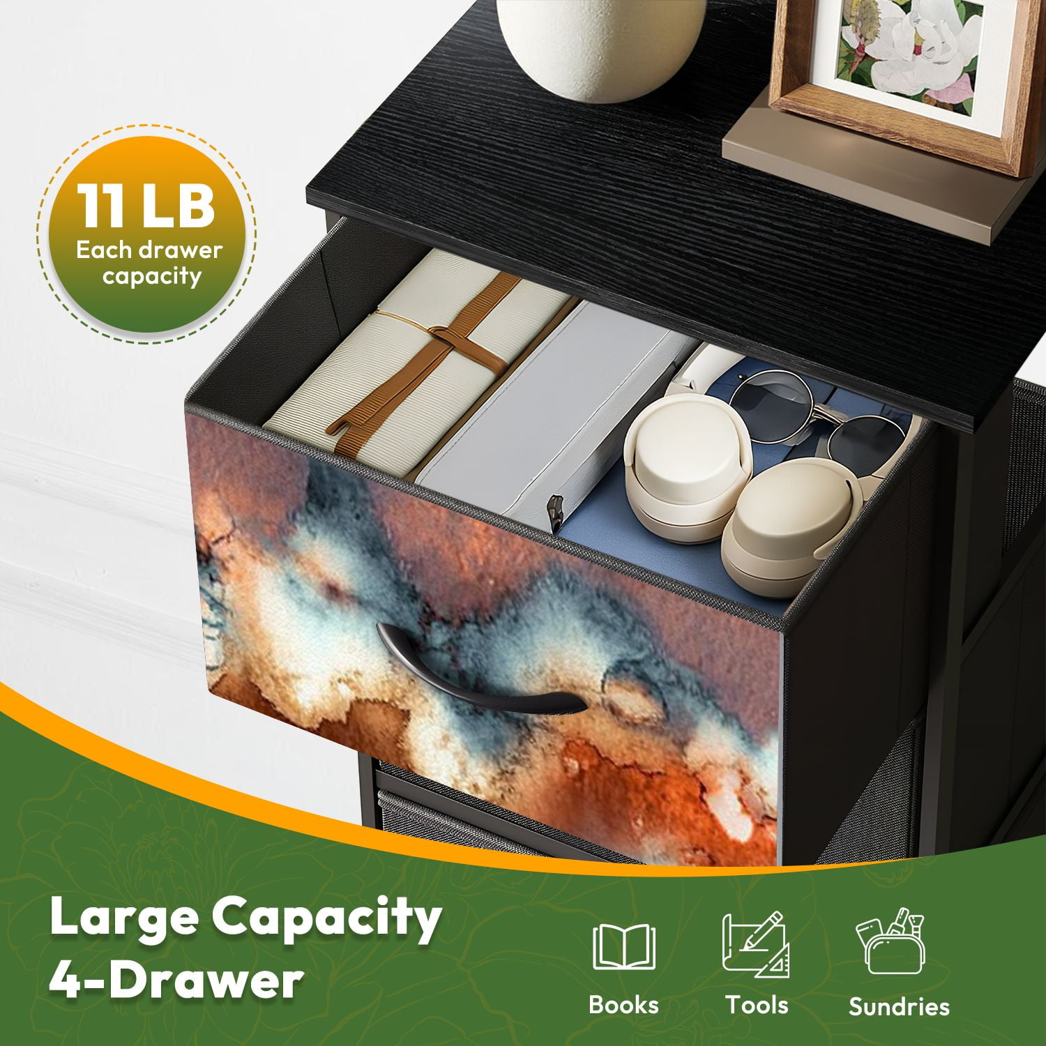 4 Drawer Vertical Storage Dresser Hand watercolor bright abstract stone surface Texture with Wood Top Fabric Pull Drawers