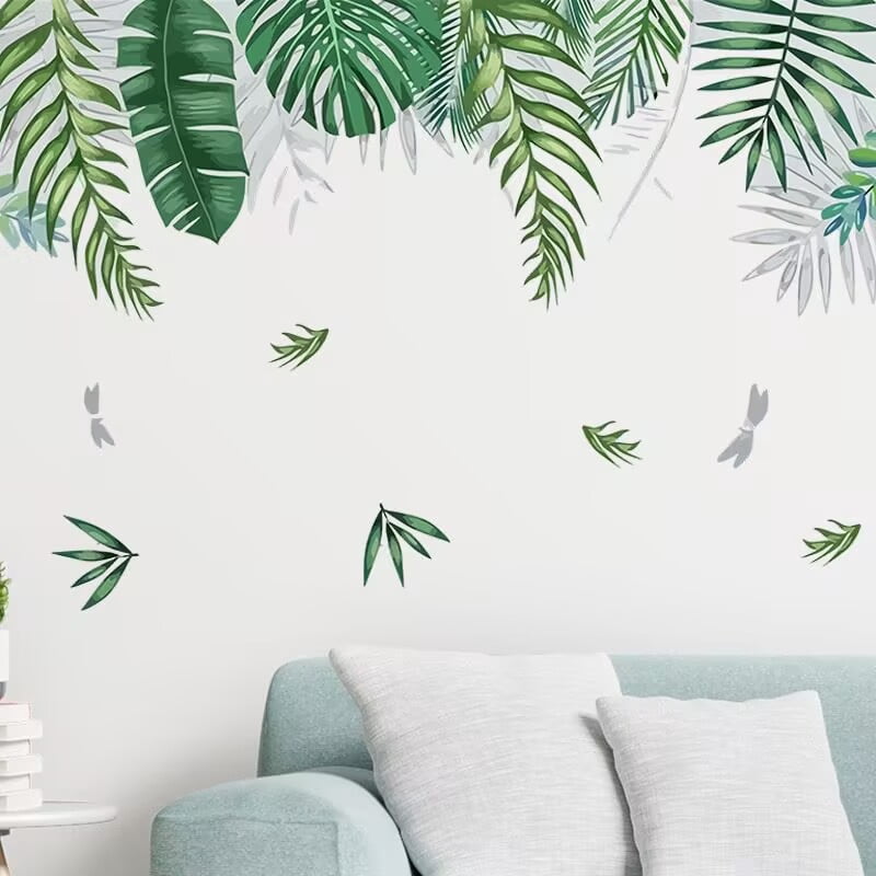 Green Tropical Palm Tree Leaves Wall Stickers, KALYLOC Waterproof Tropical Green Leaf Plants Wall Decal, Peel and Stick Nature Jungle Wall Decor for Living Room Bedroom Door Decoration