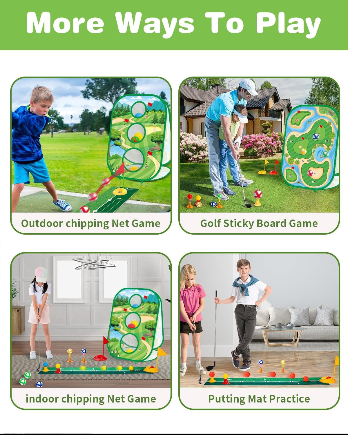 Toddler Golf Set, Golf Chipping Game,4-In-1 Kids Sticky Golf Games Set With Club, Golf Putting Practice Mat,3-Sided Golf Chipping Net,Golf Cornhole Board Set,Indoor Outdoor Golf Toys For Kids & Adult