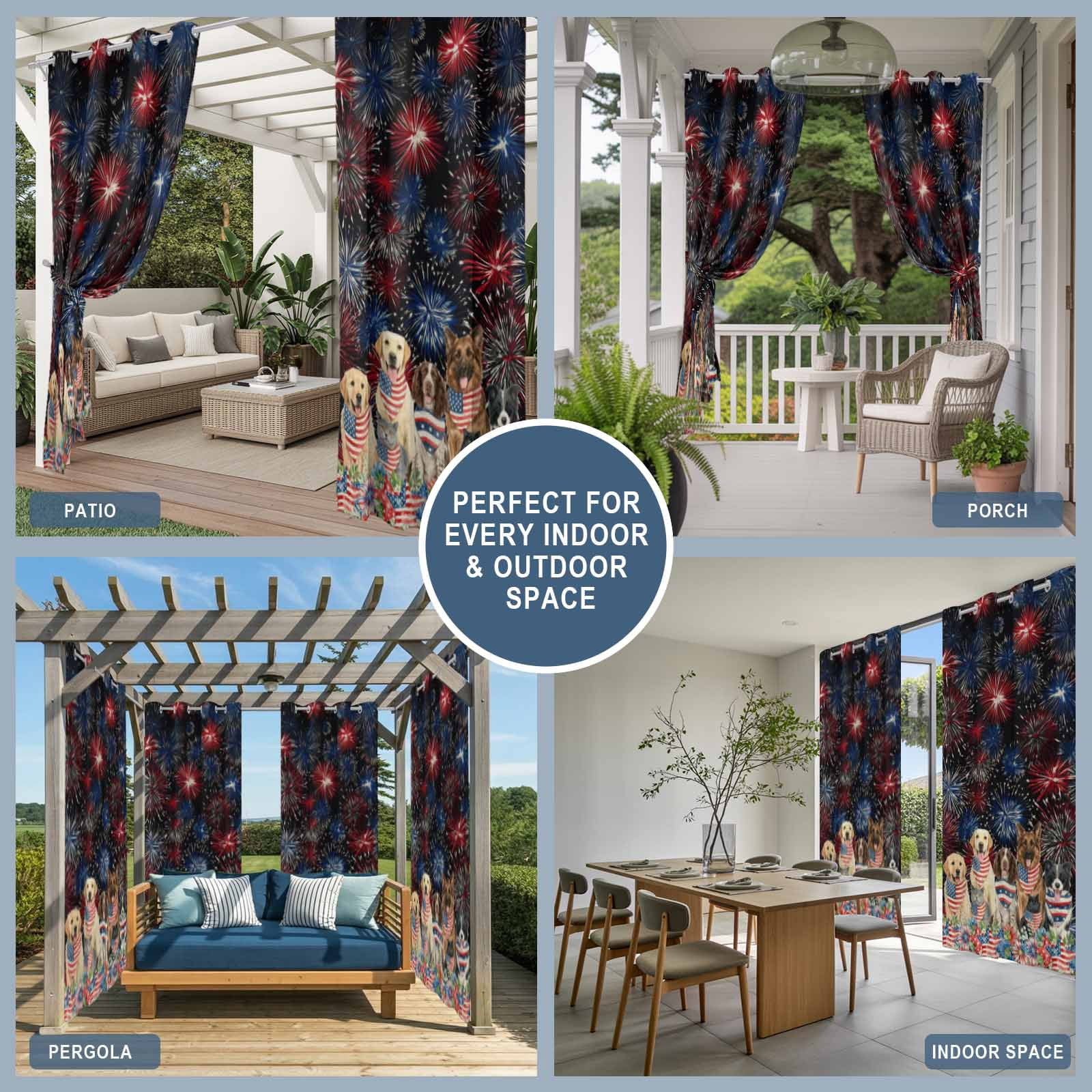 Independence Day Dog Cat Outdoor Curtains for Patio, Watercolor Red Blue Stripe Star Flag Firework Sunshade Privacy Drapes Grommet Waterproof Outside Curtains for Porch Balcony 54"x108", 1 Panel