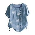 thumbnail image 4 of Atogsazn Summer Short Sleeve Shirts for Women Casual Round Neck Flower Printing Loose Blouses Linen Tops for Women Blue L, 4 of 5
