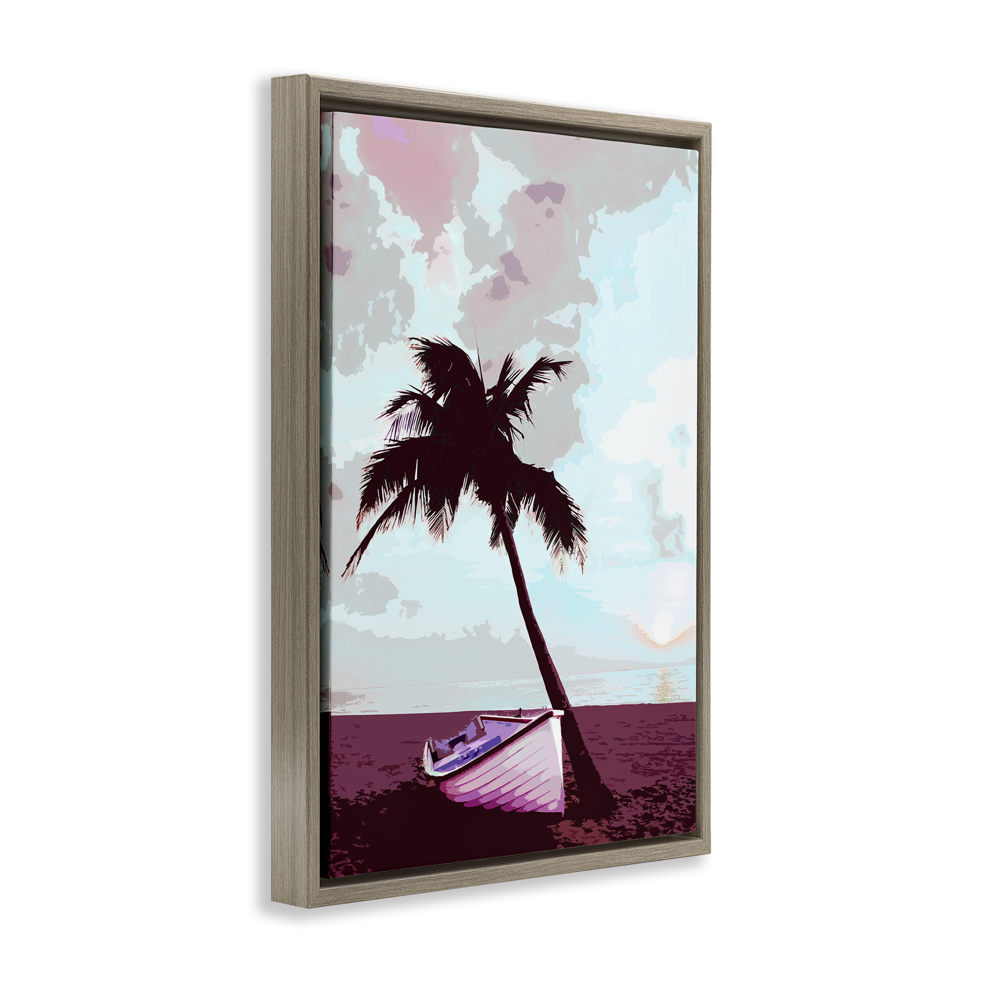 Stupell Industries Boat & Palm Tree Landscape Painting Brown Floater Framed Canvas Art Print Wall Art, 17 x 25