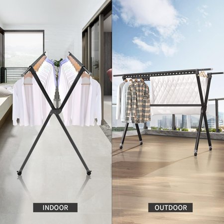 90 Inches Folding Clothes Drying Rack Indoor Outdoor-Aluminum Collapsible Clothing Drying Racks for Laundry-Heavy Duty Foldable Clothes Dryer Rack with 42 Windproof Hooks,Large,Black