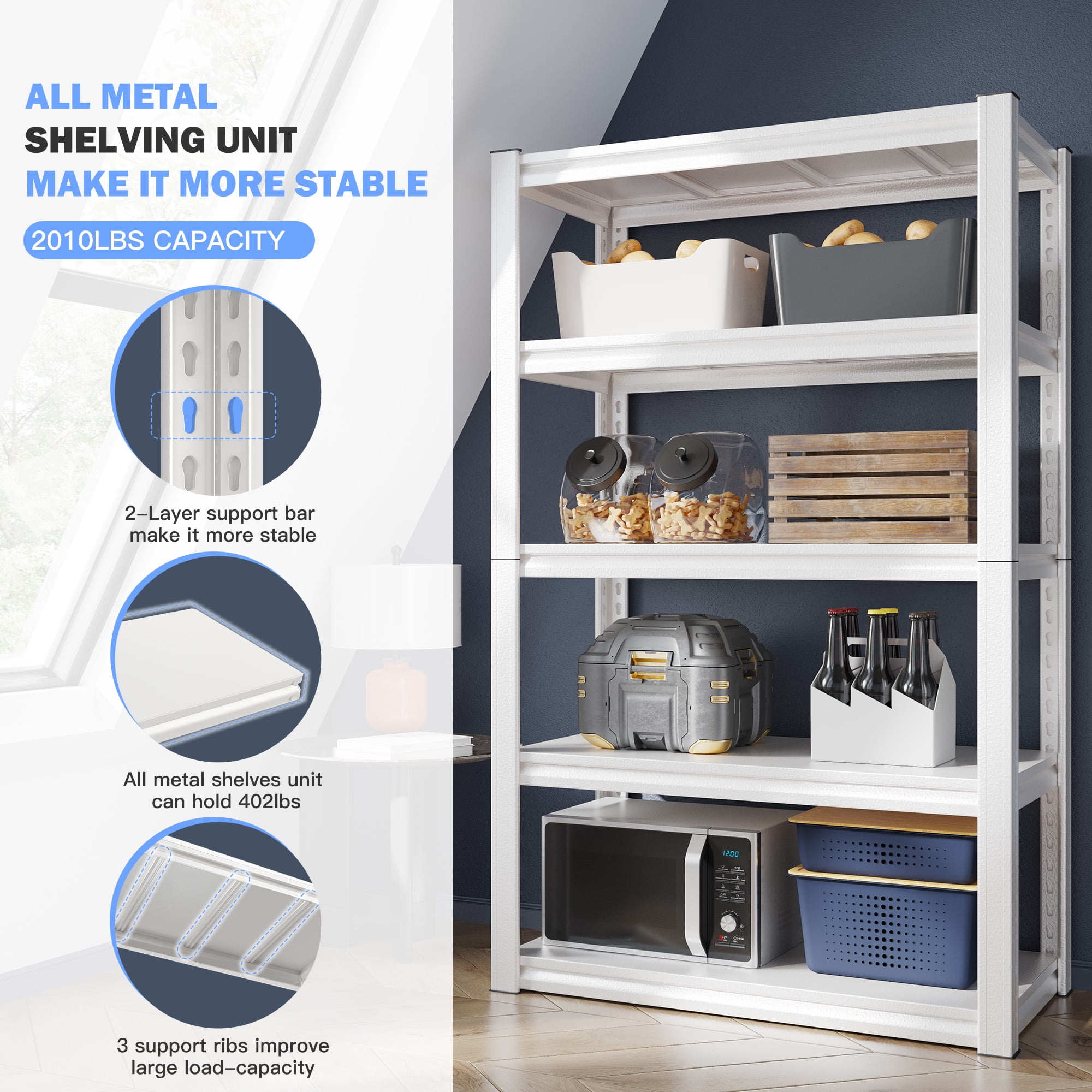 REIBII Garage Shelves Unit Heavy Duty 2000LBS Storage Shelves Pantry Shelves for Closet Storage Kitchen Shelves with 5 Tier Metal Shelving,White