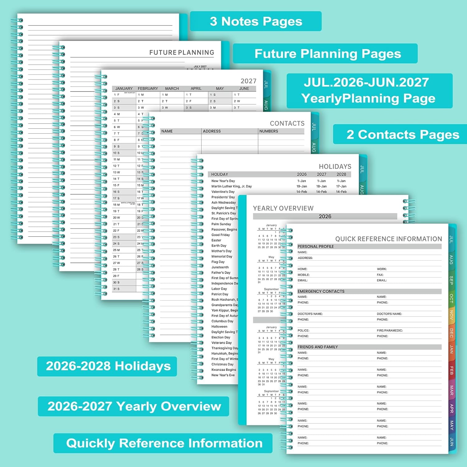 2026-2027 Weekly Appointment Book & Planner - Daily Hourly Planner 2026-2027, 9" x 11", July 2026 - June 2027, 30-Minute Interval, Lay - Flat, Spiral Binding, Thick Paper - Teal Green$$Office