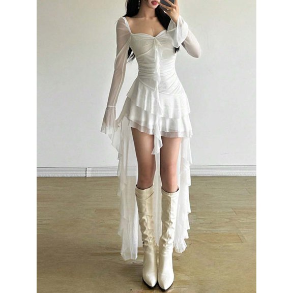 White Fitted Square Neck Long Sleeve Ruched High-Low Mesh Dress With Asymmetric Tiered Hem