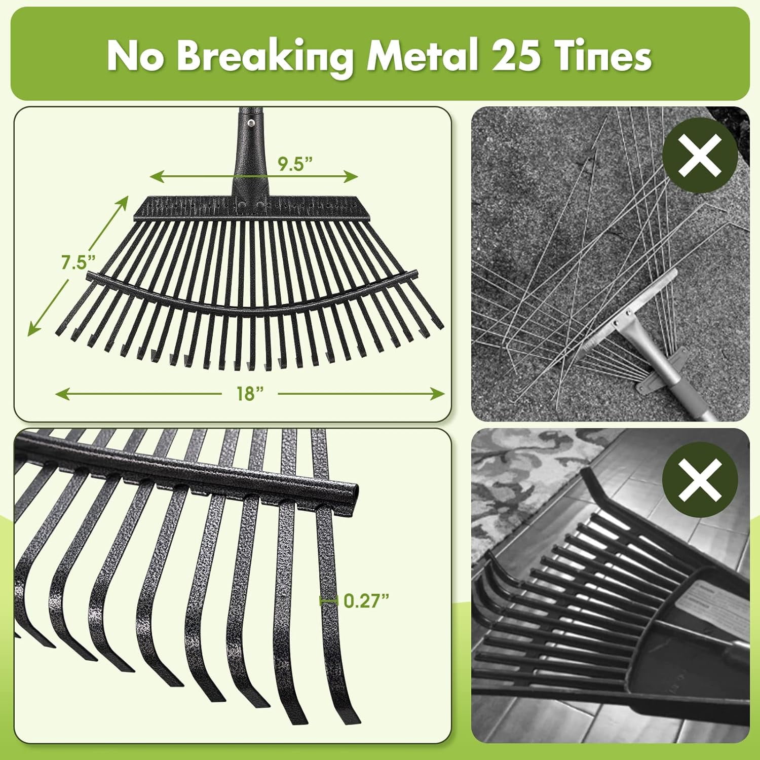 BsBsBest Rake for Leaves, Heavy Duty Garden Leaf Rake for Lawns, 65" Adjustable 25 Tines Metal Yard Rake