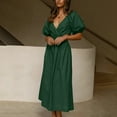 thumbnail image 5 of Summer Dresses for Women Puff Short Sleeve Solid V Neck Midi Dress Waist Hollow Out Cute Beach Long Dress, 5 of 7