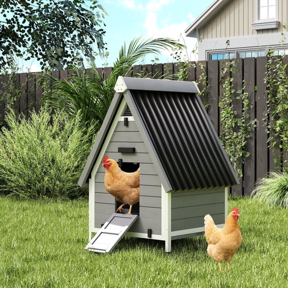 PawHut Chicken Coop for 2 Chickens, Outdoor Wooden Chicken House with Removable Nesting Box & Roosting Bar, Tray, Ramp