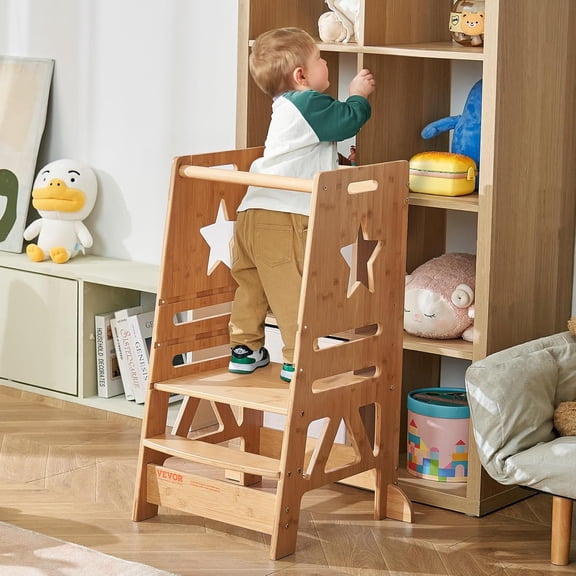 Tower Step Stool, 3-Level Height Adjustable Toddler Step Stools for Kids, Bamboo Kitchen Stool, Kids Standing Tower Learning Stool with Safety Rail for Kitchen Counter Bathroom, 350LBS