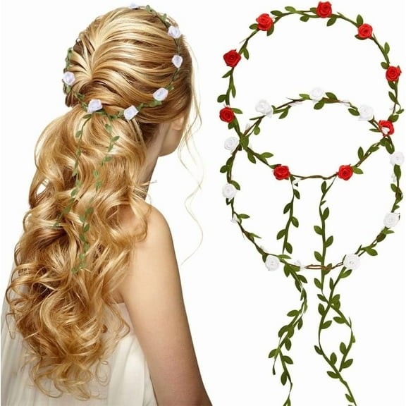 Flowers Crown Floral Garland 2 Colors Red White Headband Headpiece Boho Rose Flower Wreath Headdress Travel Party Wedding Festivals for Bridal Women Headwear Hair Accessories Decoration