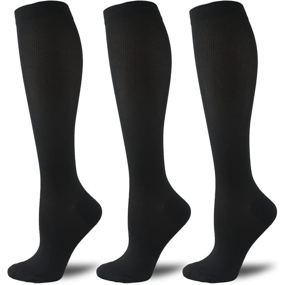 3 Pairs Compression Socks for Men Women (15-20 mmHg), Knee High Long Stockings for Swelling, Travel, Nurse, Flight, Running, Cycling (Black, L/XL)