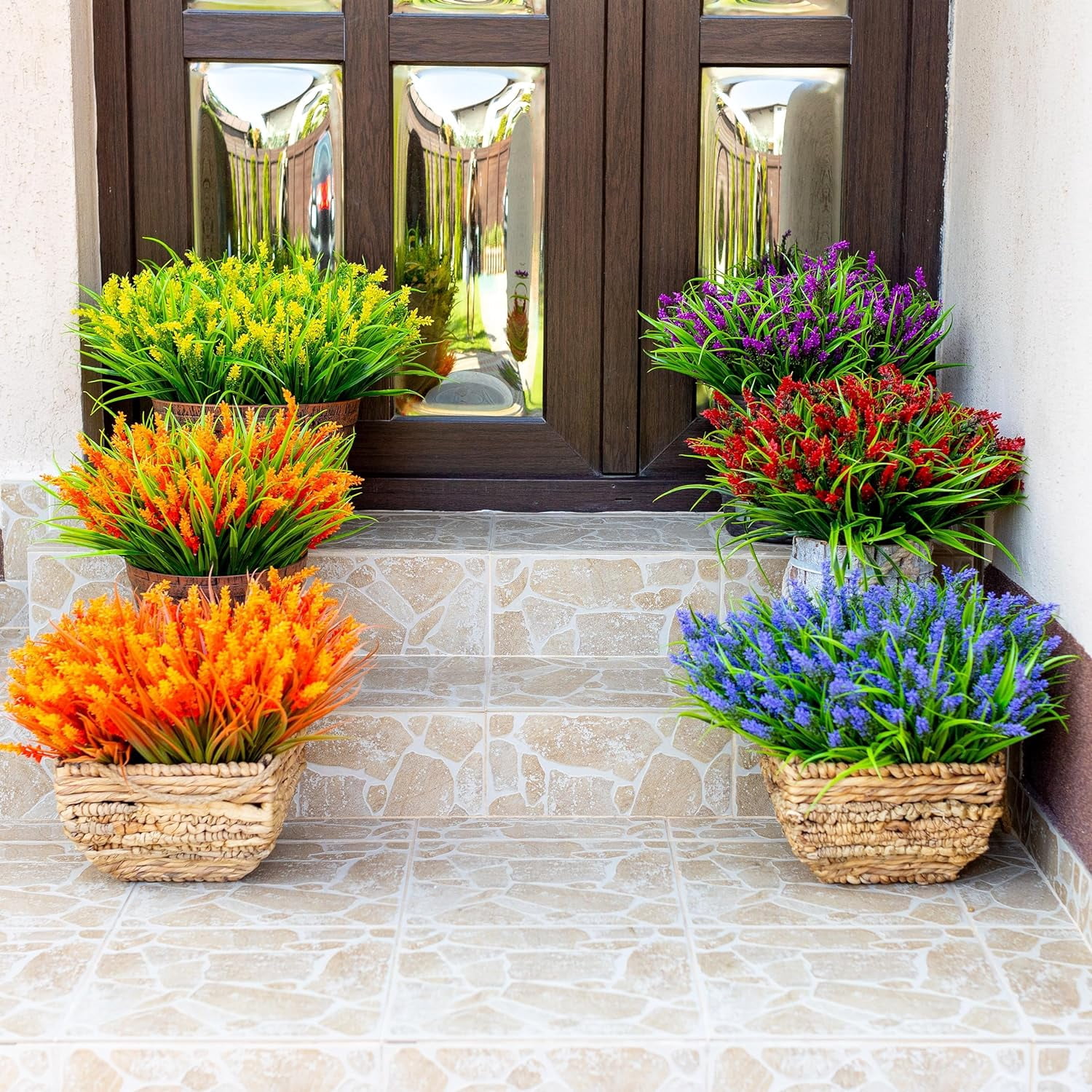 4PCS Artificial Flowers for Outdoors, Fake Lavender with Grass UV Resistant Plastic Faux Autumn Plants for Garden Thanksgiving Home Decor (Purple)