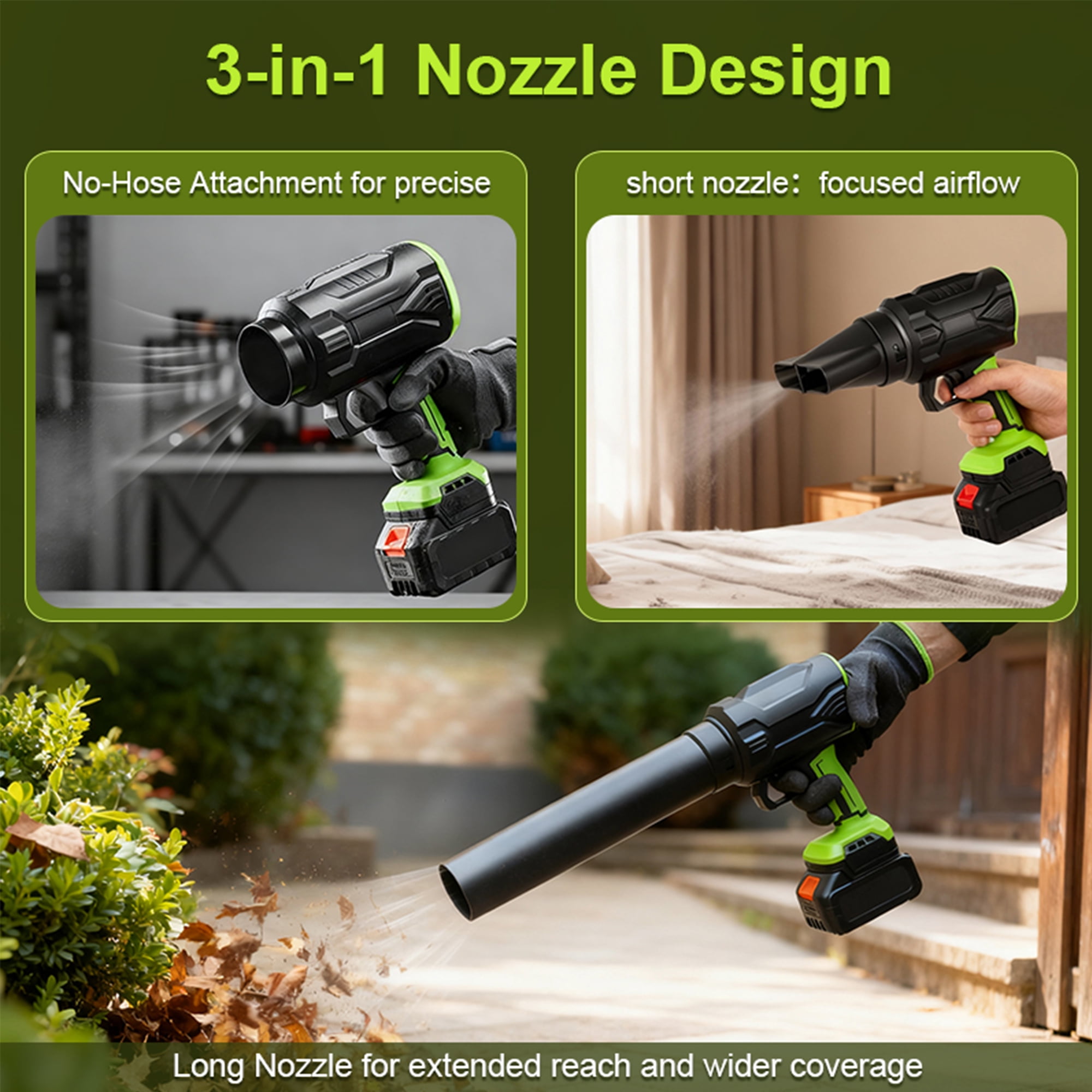 3 in 1 Leaf Blower Cordless with 2 * 3Ah Battery and Charger, 3 Speed Mode, Lightweight, 21V Battery Powered Electric Handheld Blower for Lawn Care, Blowing Leaves, Patio Cleaning, Dust, Snow
