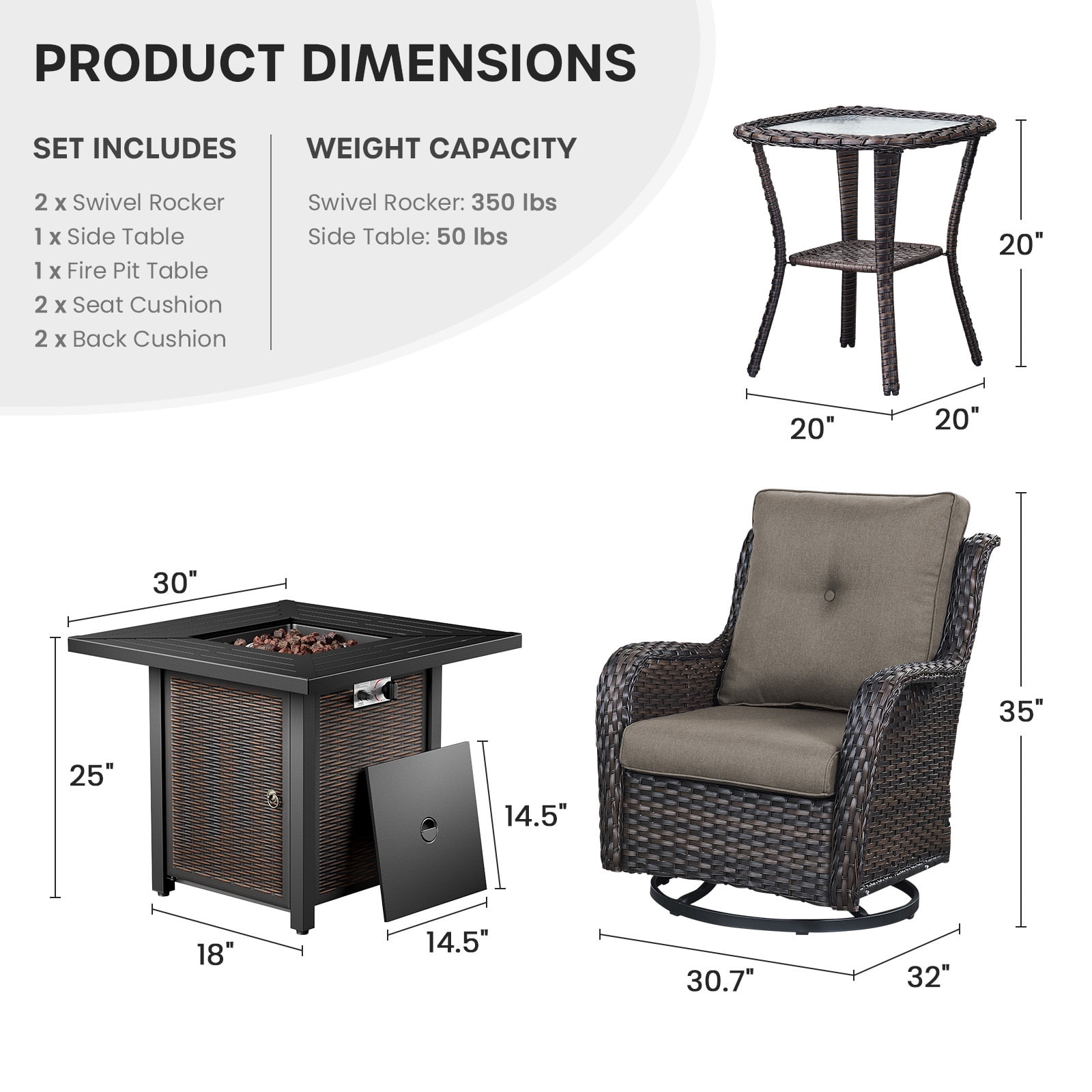 Bellefurn 4 Pieces Patio Furniture Sets with Fire Pit and Swivel Rocker Chairs,Outdoor Furniture with Fire Pit and Side Table Outdoor Conversation Set for Porch Deck Backyard Poolside