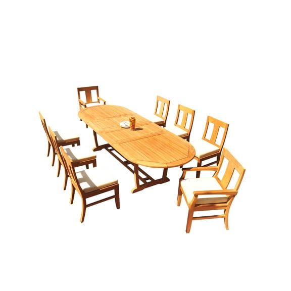 Grade-A Teak Dining Set: 8 Seater 9 Pc: 118" Mas Oval Trestle Leg Table And 8 Osborne Chairs (2 Arm & 6 Armless Chairs) Patio WholesaleTeak #51OS1709