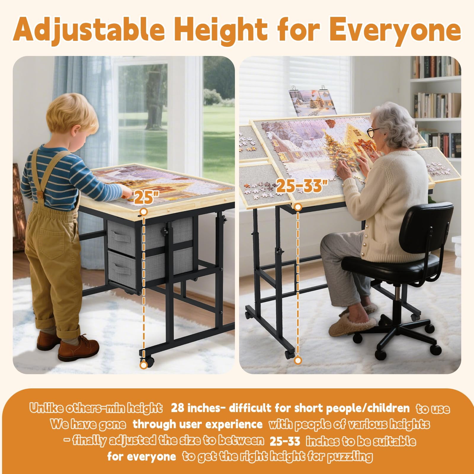 Jigsaw Puzzle Table for Adults with 6 Drawer and Legs, 1500 Pieces Puzzle Table with Protective Cover&Wheels, Adjustable Height and Five up Angles, Natural&Gray