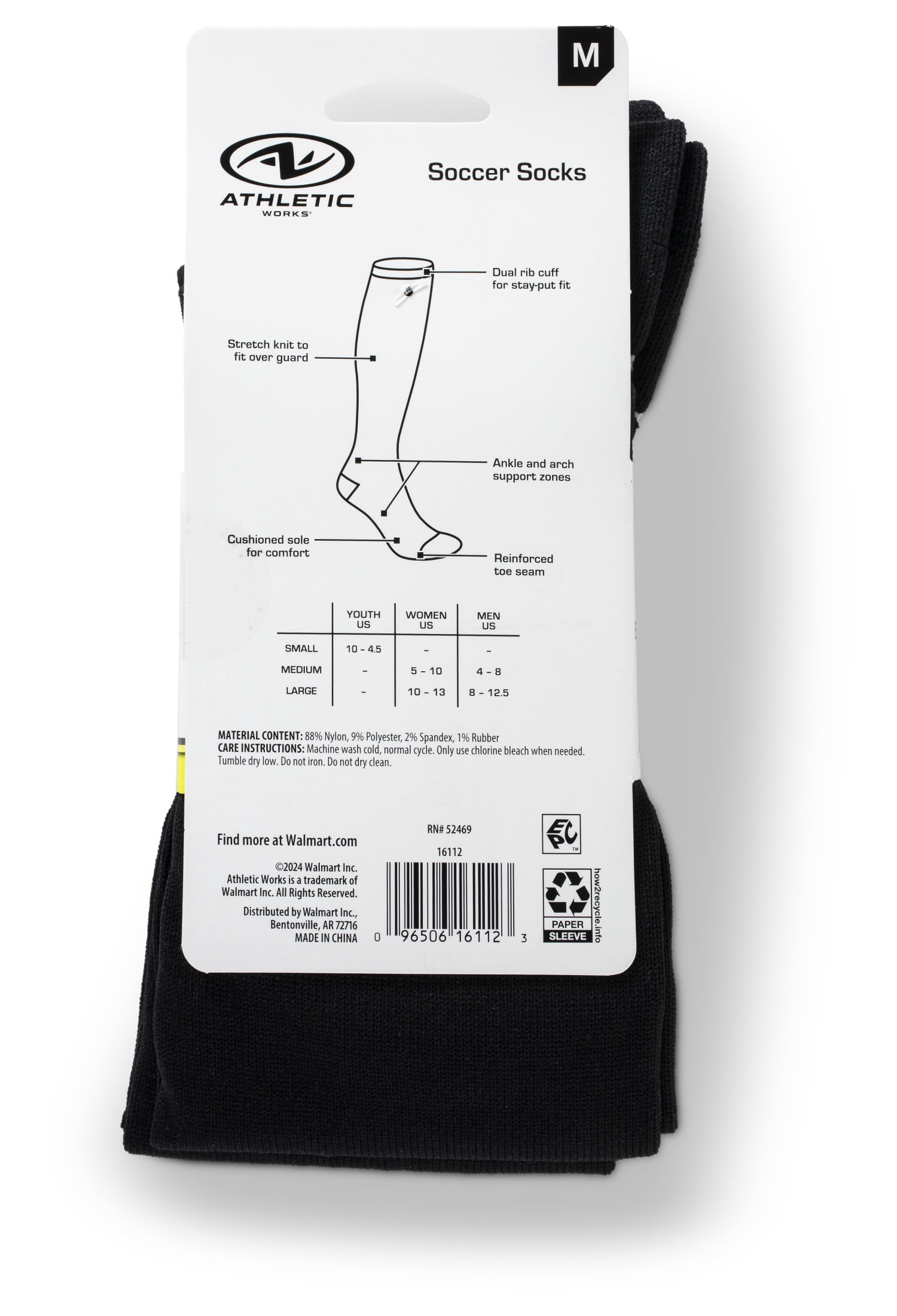 Athletics Works Soccer Socks, Black Unisex Medium, Women's 5-10, 2 pack