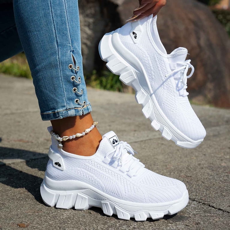 Daznico Women's Summer Sneakers Thick Sole Lace-Up Walking Shoes with  Breathable Knit for Casual Everyday