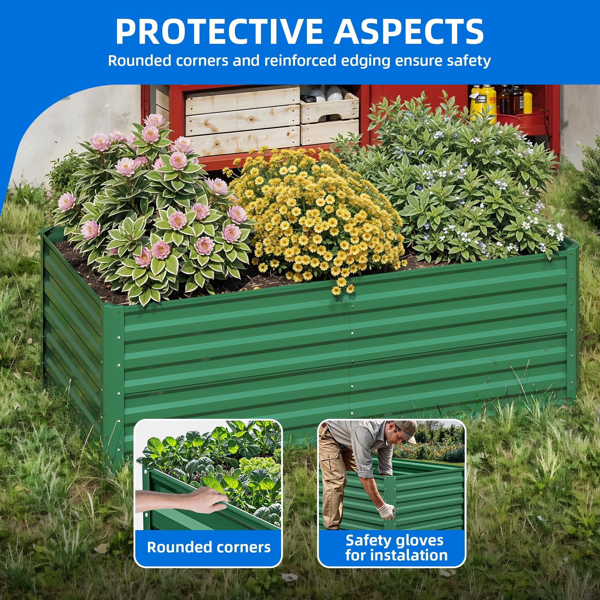 Uforic 6x3x2 ft 2-Pack Galvanized Raised Garden Bed Kit, Green Metal Planter Box with Gloves, Ground Nails & Support Rod, Outdoor Above Ground Planter for Vegetables, Flowers, Plants