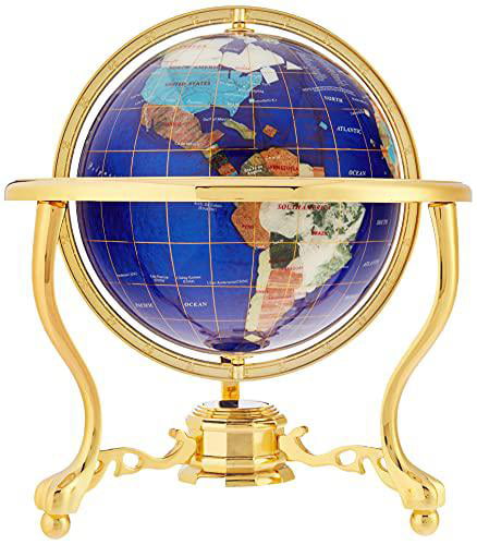 Unique Art 13-Inches Tall Table Top Blue Pearl Swirl Ocean Gemstone World  Globe with Tripod Gold Leg Stand