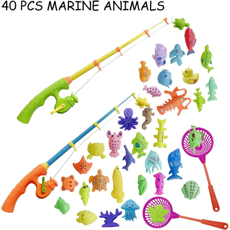 Kids Fishing Bath Toys Game - Magnetic Floating Toy Magnet Pole Rod Net,  Plastic Floating Fish - Toddler Education Teaching and Learning Colors  Ocean Sea Animals 3 Year Old 
