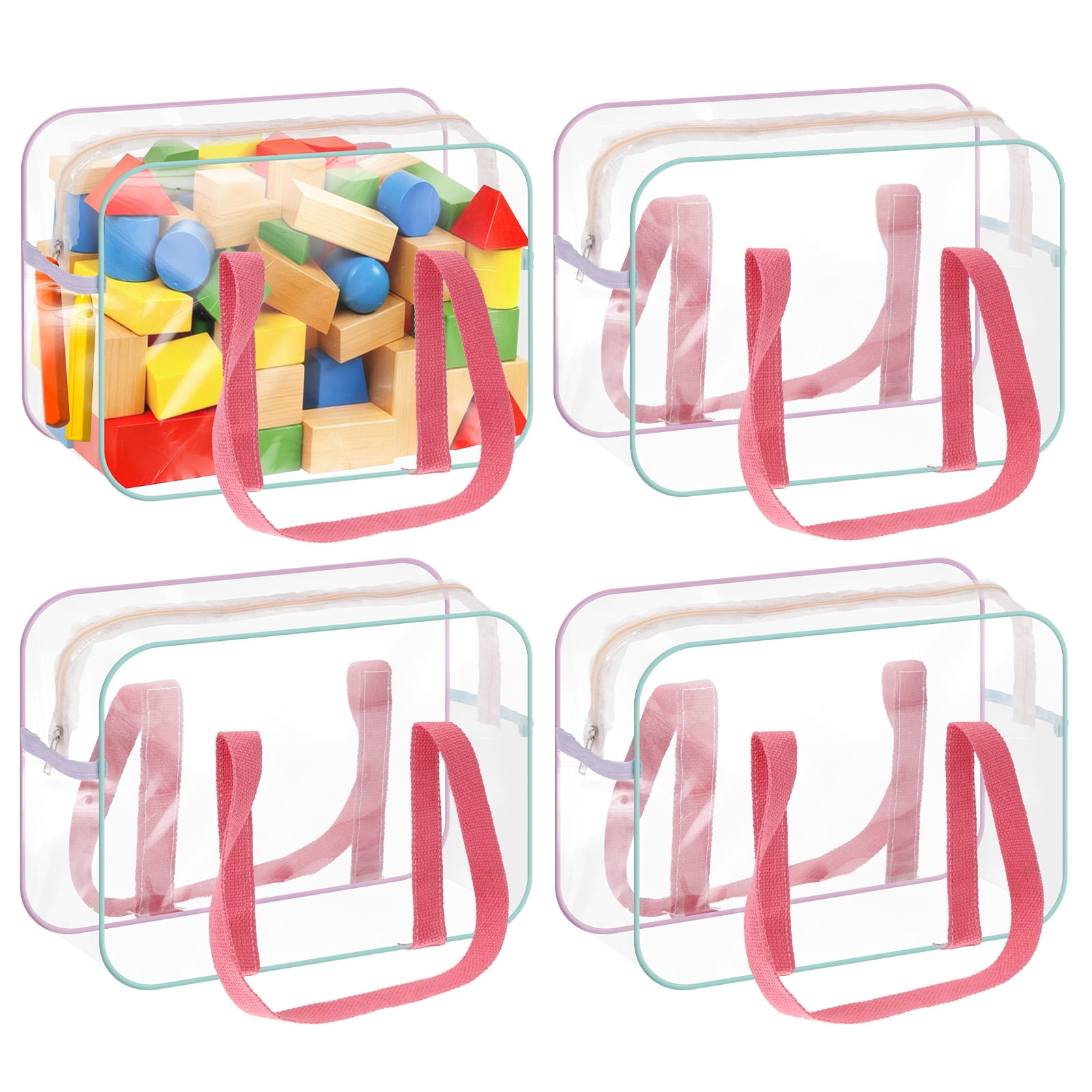 Grusce 4Pcs PVC Toy Storage Bags Waterproof Clear Toy Organizer Bag with Zip and Side Pockets for Building Blocks Puzzle 13.39x9.45x4.72 inch