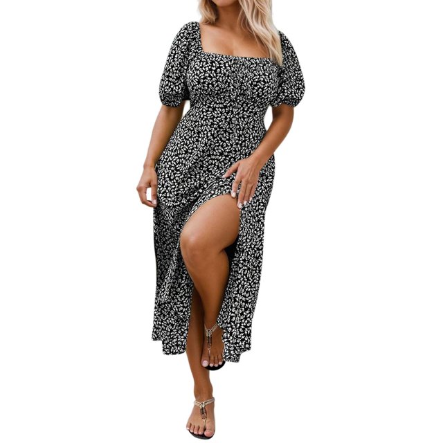 Plus Size Floral Print a Line Dress Women Casual Square Neck Flowy Comfortable Feminine Spring Summer Fall Boho Maxi Dress
