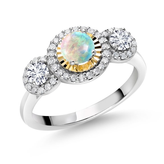 Gem Stone King 0.66 Ct Round Cabochon White Simulated Opal E-F Lab Grown Diamond 925 Silver and 10K Yellow Gold 3 Stone Women's Ring (Size 6)