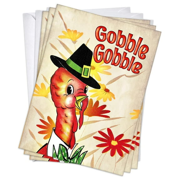 Gobble Turkey Vintage Retro Thanksgiving Greeting Cards | 3 Pack Set (5x7)