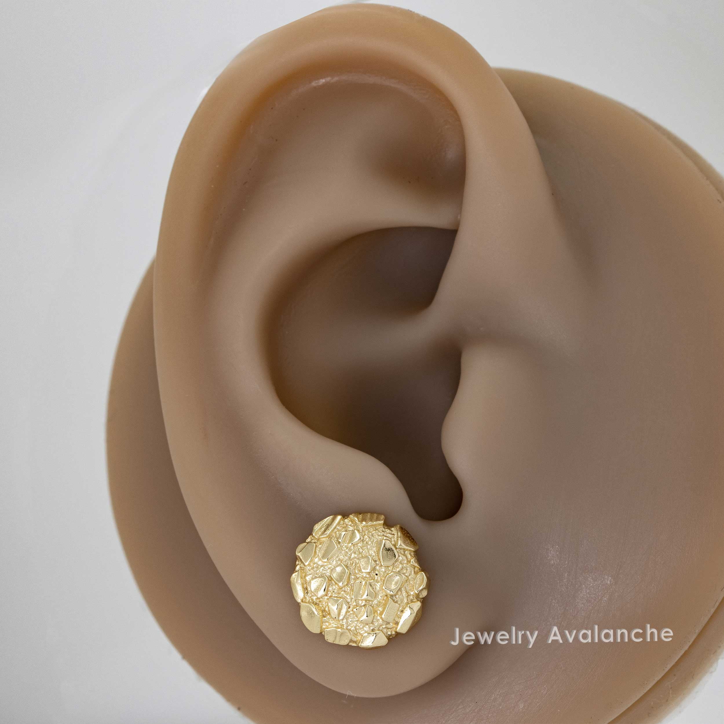 Nugget Stud Earrings - Yellow Gold Plated Sterling Silver Textured Chunky Studs - Hypoallergenic Minimalist Earrings for Men-Women 12mm