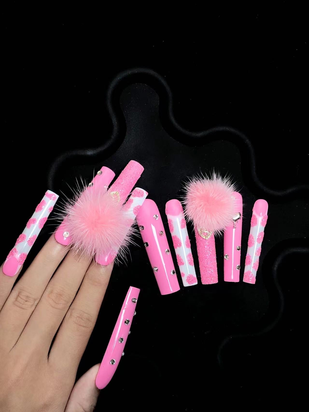 10Pcs Pink Luxury 3D Acrylic Press-On Nails Handmade Reusable False Nails