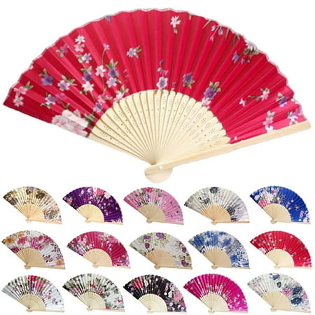 

Farfi Fan Flower Pattern Foldable Satin Cloth Handheld Folding Fan for Wall Decoration