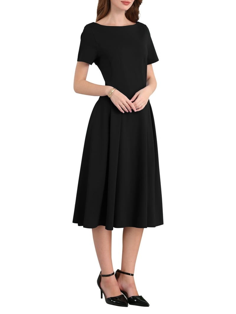 Inspire Chic Women's Boat Neck Dresses 2025 Midi Swing Work A-Line Dress for Elegant and Casual Occasions L Black, Size: Large